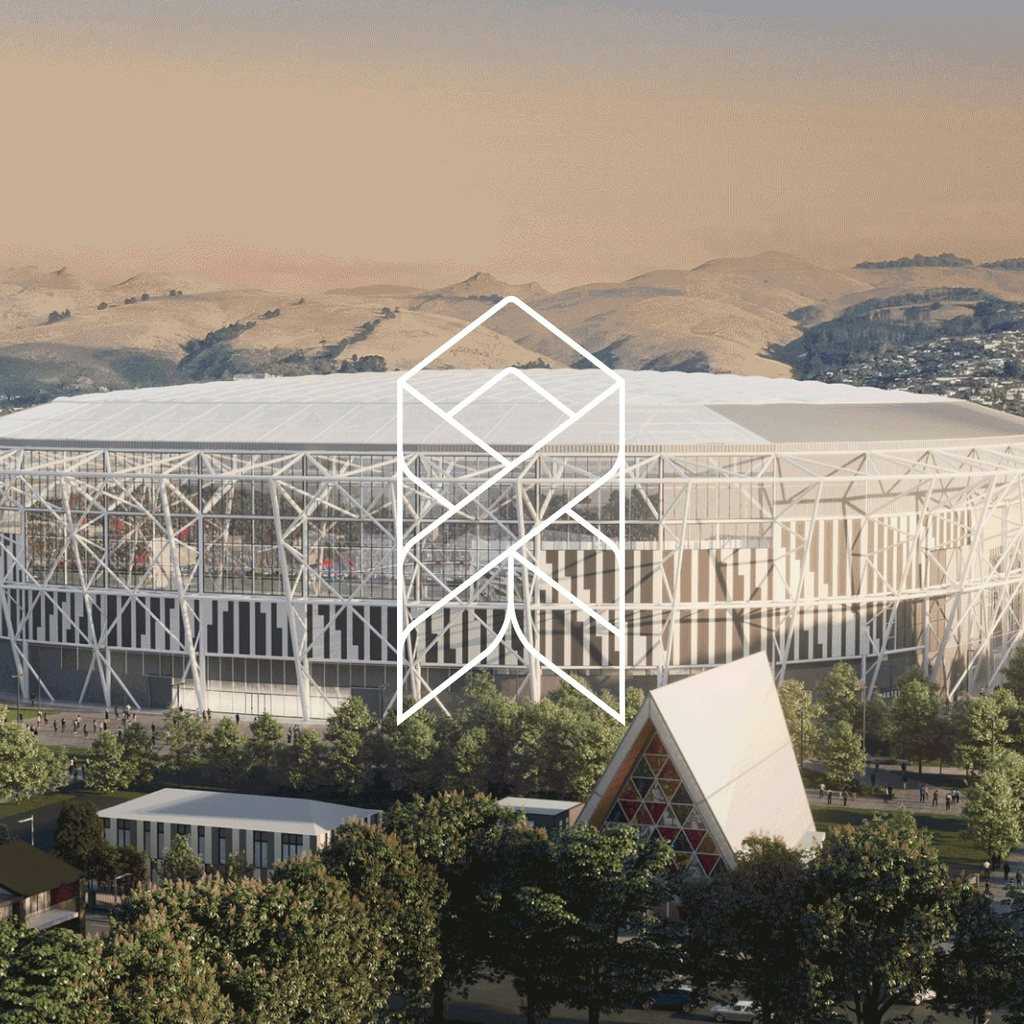 Te Kaha logo in front of visualisation of the future stadium