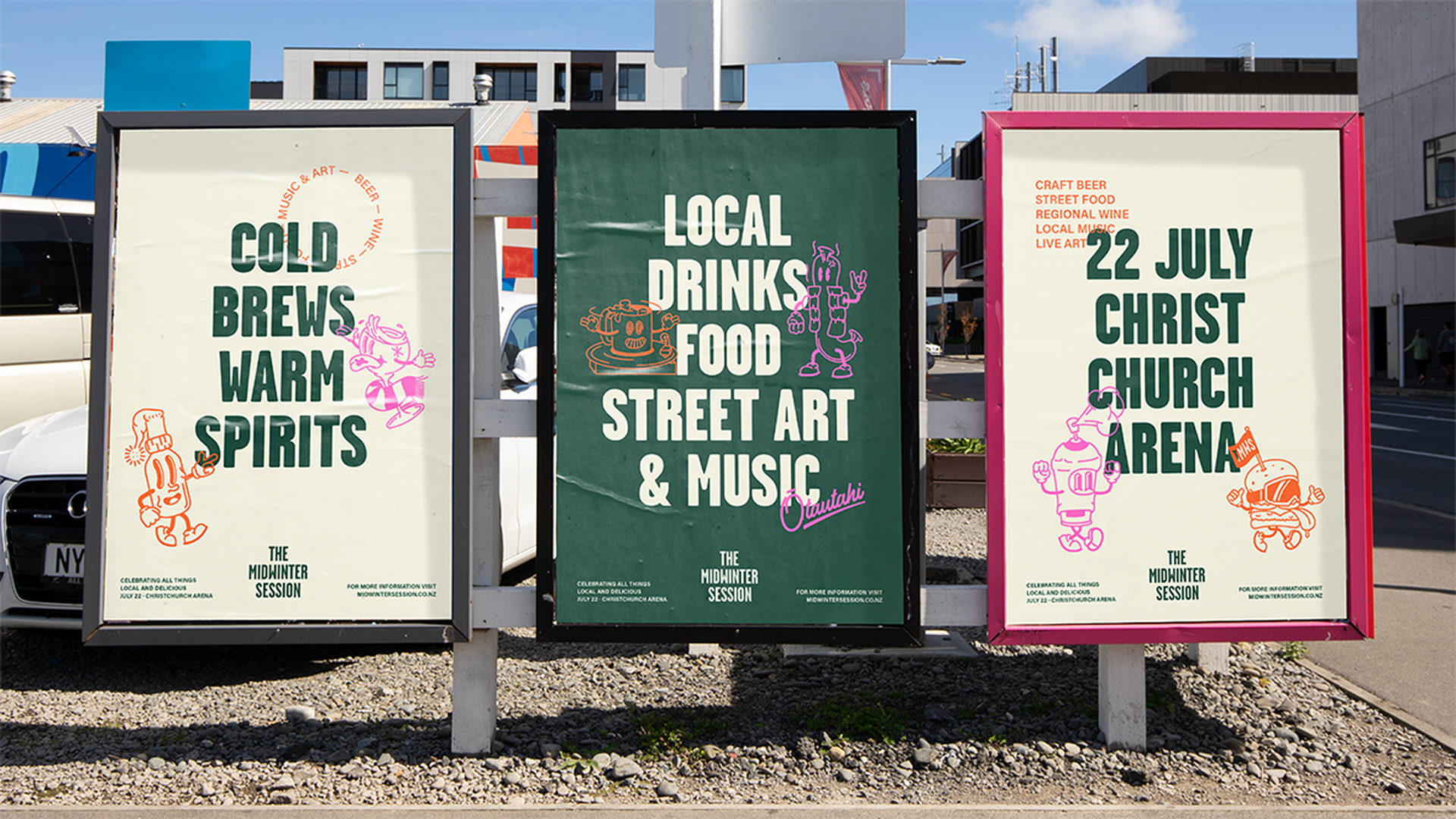 Posters on the street of The Midwinter Session brand