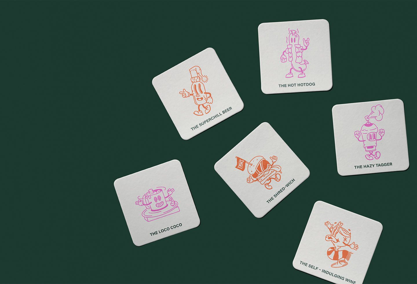 Coasters with the various characters from The Midwinter Session branding