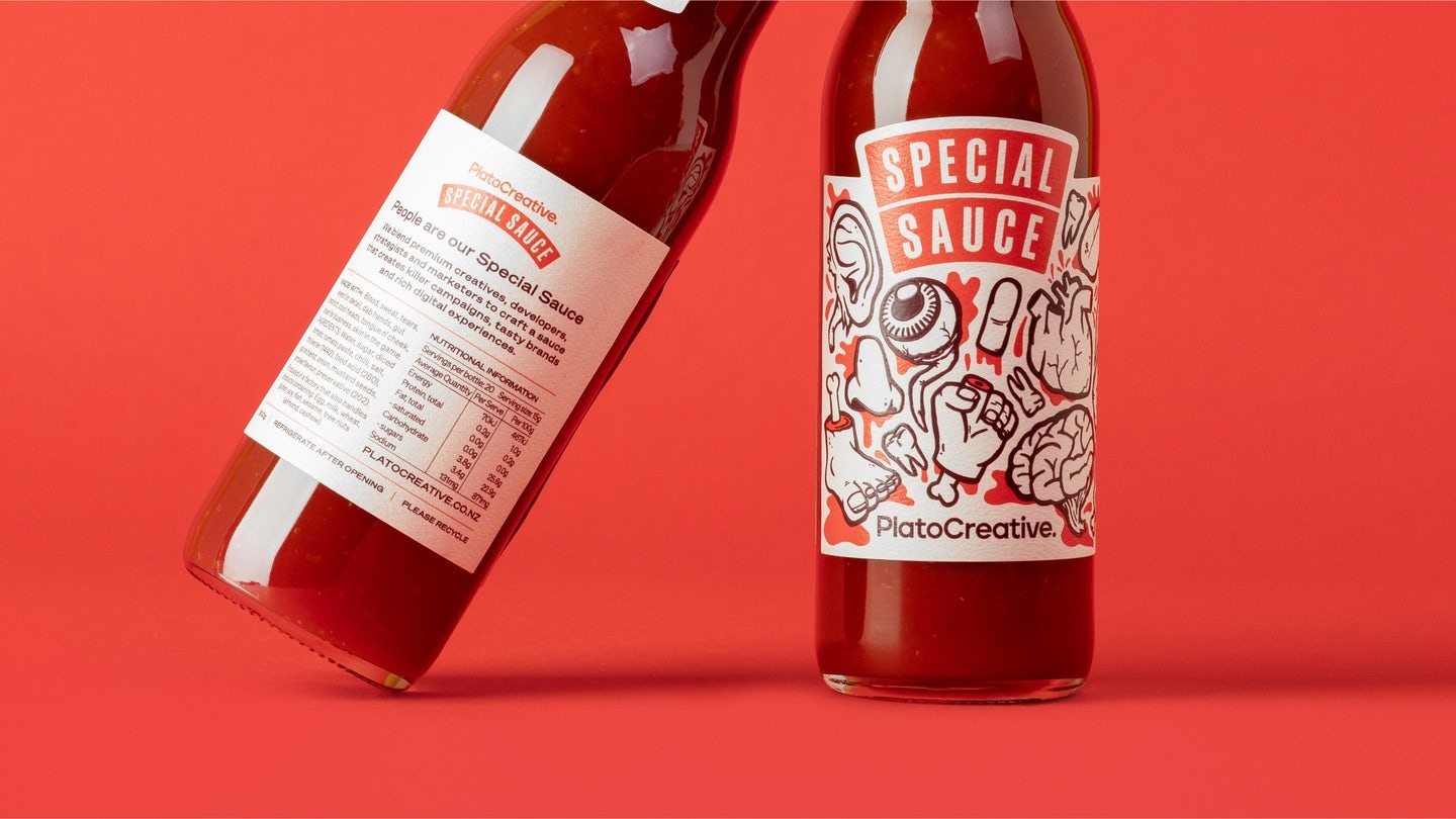 Close up on Plato's Special Sauce bottles