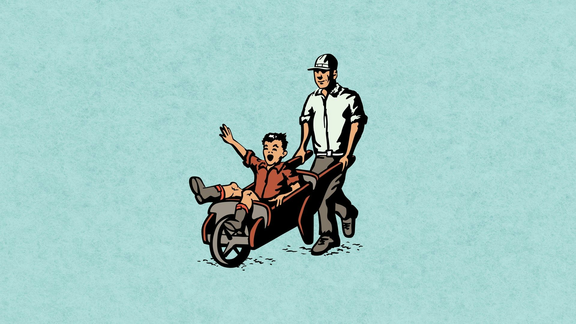 Graphic of man pushing child inside wooden wheelbarrow
